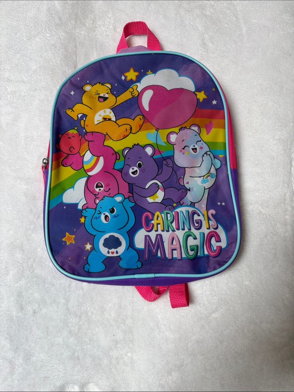 Bioworld Care Bears Purple Rainbow Heart Kids Backpack with Pink Straps